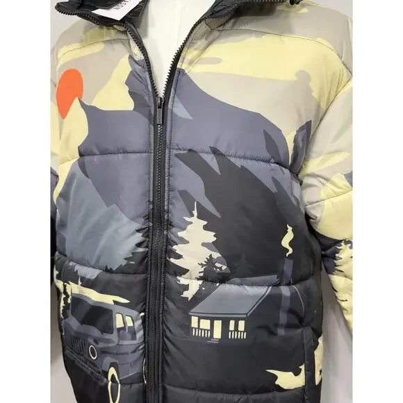 NEW Reason Scenic Puffer Jacket Hooded Cabin Mountain Car Outdoor Print Men XXL